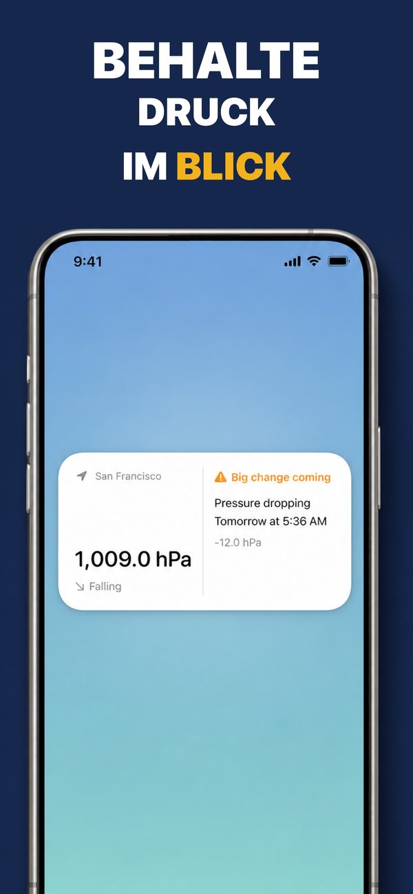 Widget auf dem Home-Bildschirm mit 1.009,0 hPa, fallendem Trend und einem für den nächsten Morgen erwarteten Druckabfall