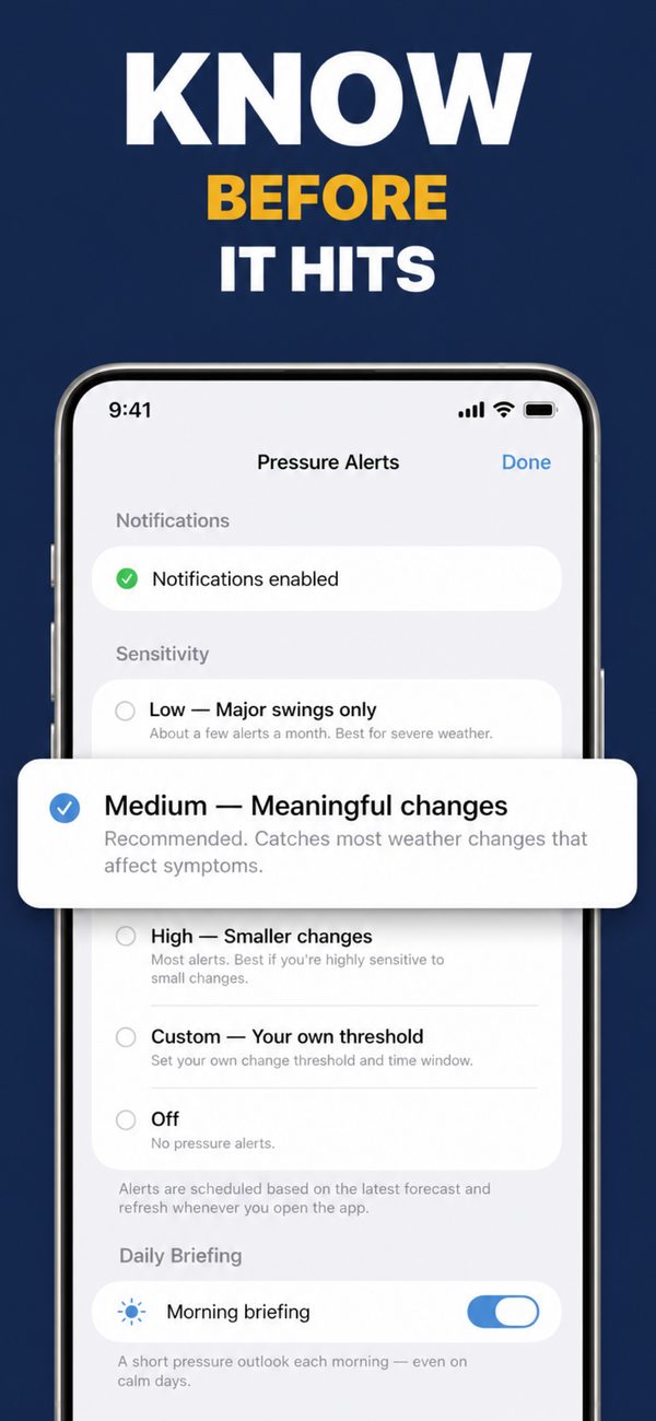 Pressure Alerts settings with Low, Medium, High and Custom sensitivity and a Morning briefing switch