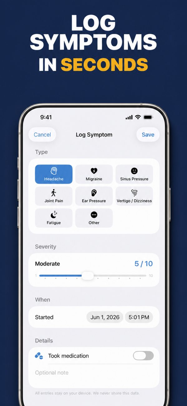 Log Symptom screen with eight symptom types, a severity slider at 5 of 10, the start time and a Took medication switch
