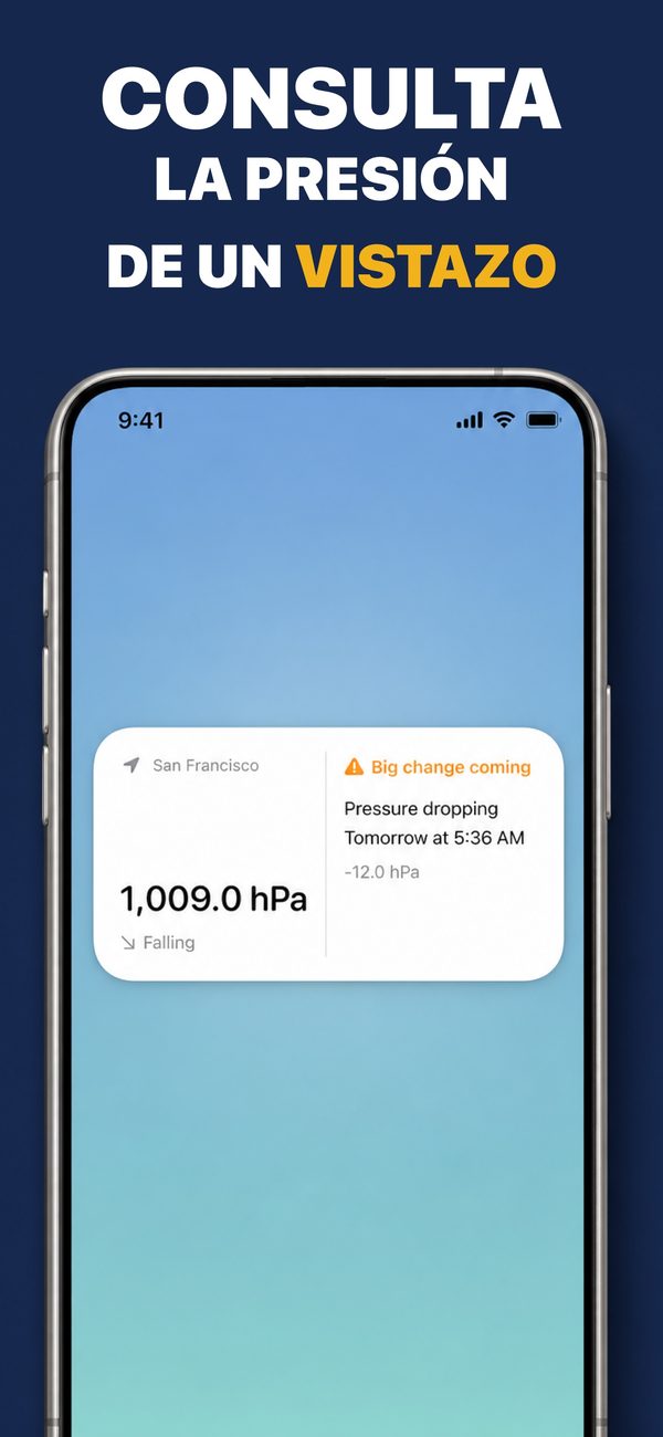 Widget en la pantalla de inicio con 1009,0 hPa, tendencia a la baja y una bajada de presión prevista para mañana por la mañana