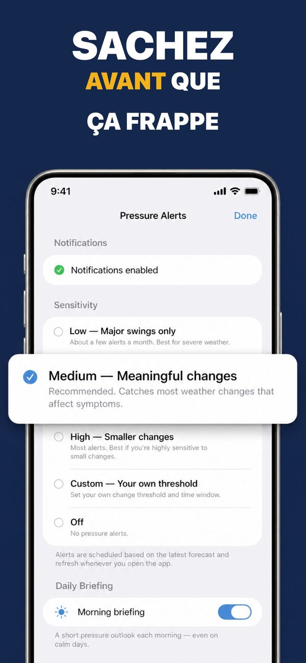 Réglages des alertes de pression avec les sensibilités faible, moyenne, élevée et personnalisée, et un interrupteur pour le point du matin