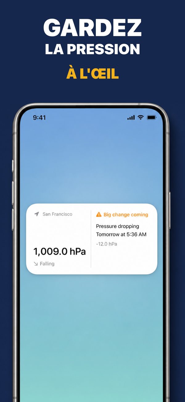 Widget d'écran d'accueil affichant 1 009,0 hPa, une tendance à la baisse et une chute de pression attendue demain matin